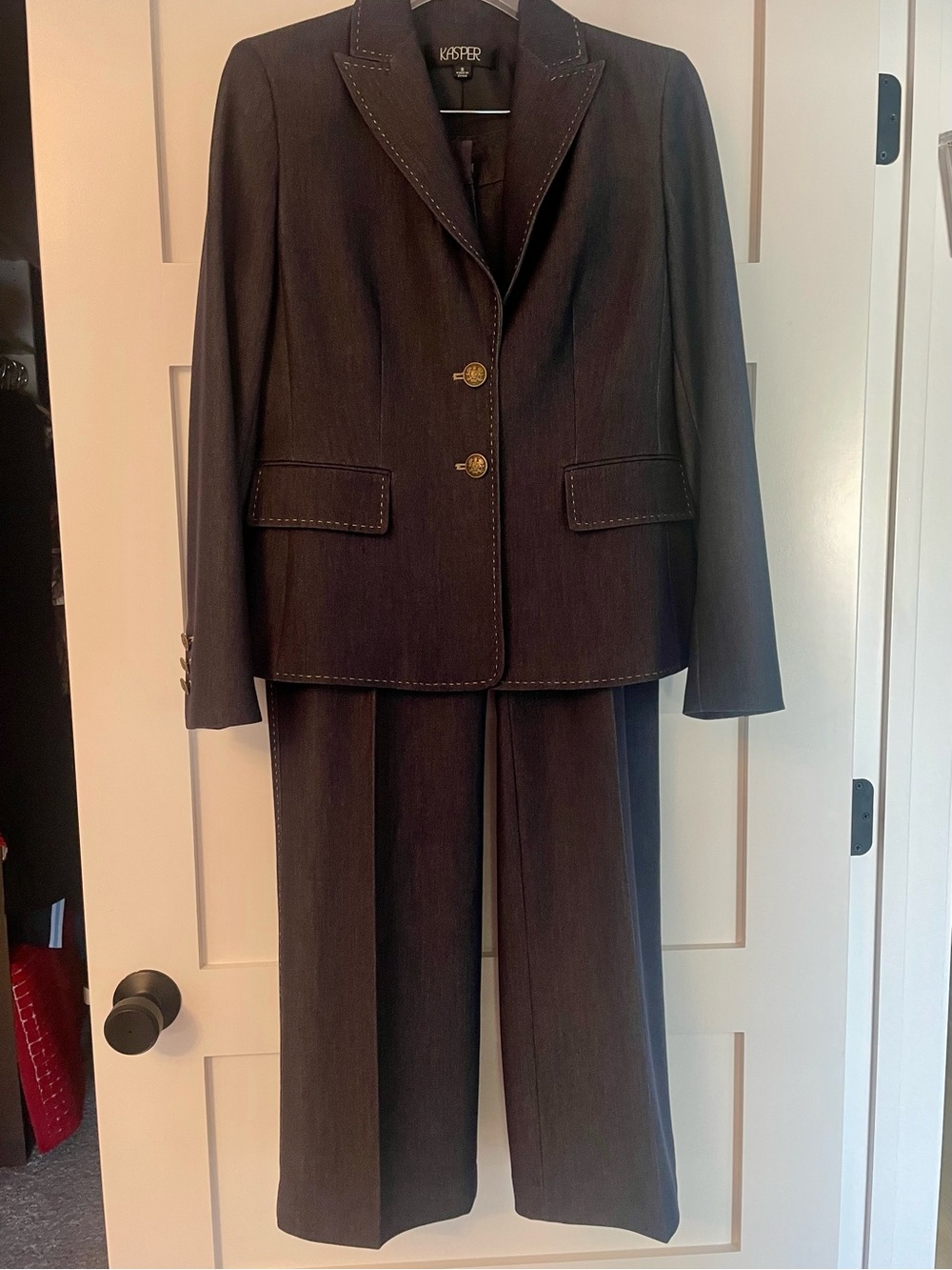 Kasper Navy with Tan Stitching Denim Two-Piece Women's Suit Jacket & Pants